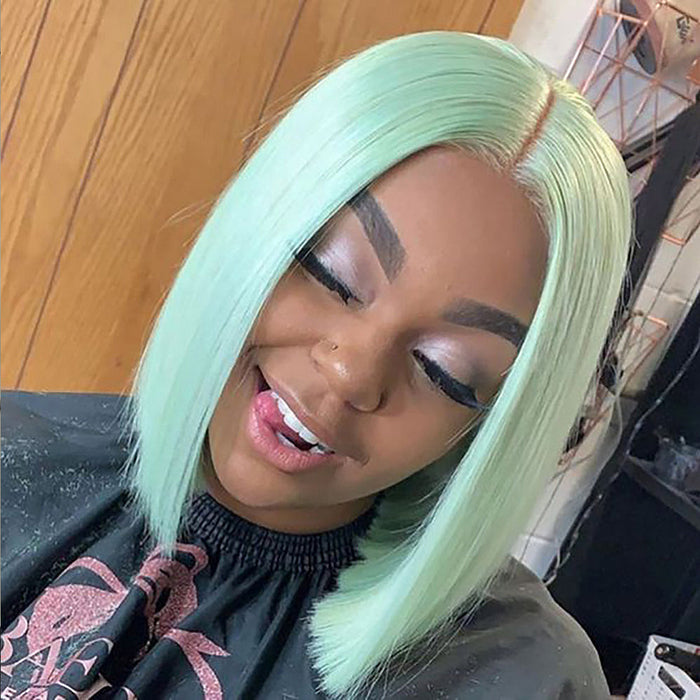 13x4 Colored Short Bob Wigs Lace Frontal Human Hair Wigs For Women New Trend 12 14 Inches (Mint green)