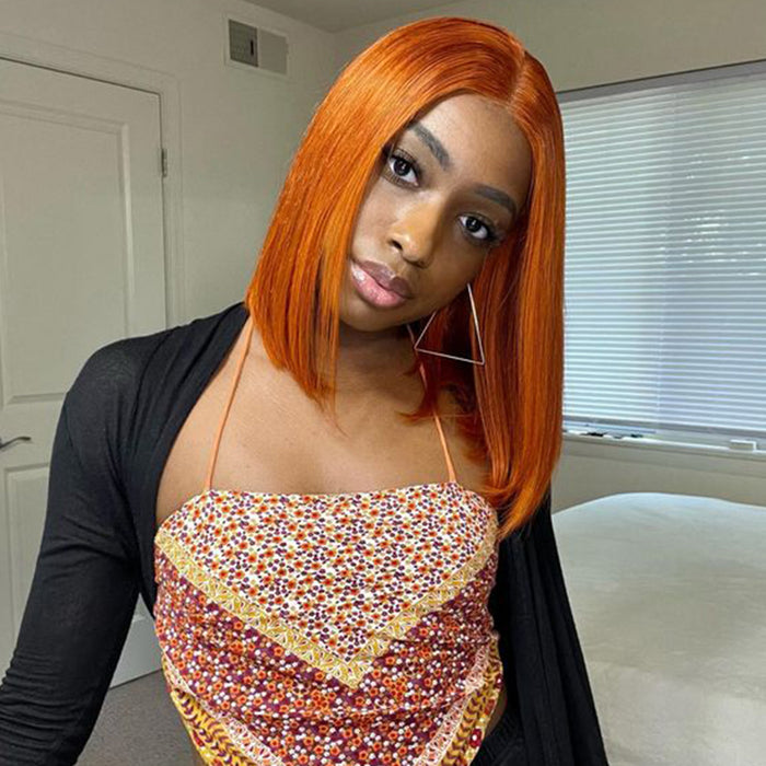 13x4 Colored Short Bob Wigs Lace Frontal Human Hair Wigs For Women New Trend 12 14 Inches (Orange)