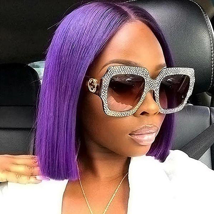 13x4 Colored Short Bob Wigs Lace Frontal Human Hair Wigs For Women New Trend 12 14 Inches (Purple)