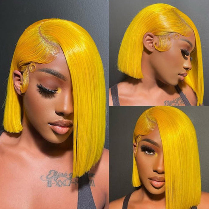 13x4 Colored Short Bob Wigs Lace Frontal Human Hair Wigs For Women New Trend 12 14 Inches (Yellow)